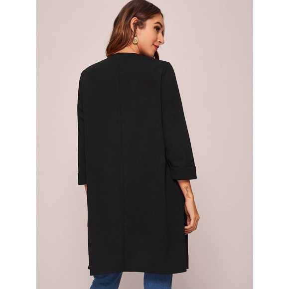 Open Front casual long blazer Coat collarless black minimalist - Picture 2 of 8